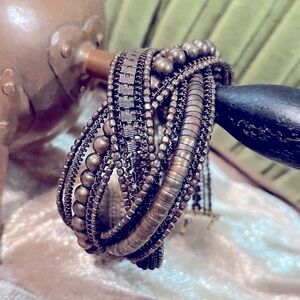 Vtg BRONZE COPPER Women Bracelet - Various Metal Beads - Boho - ADJUSTABLE - EUC